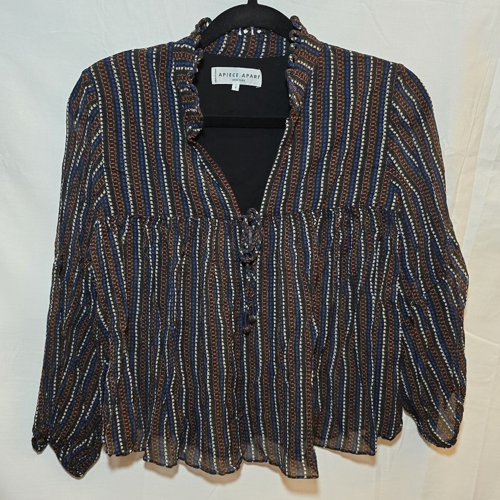 A Piece Apart 100% Silk Printed V Neck Baby Doll High Neck Blouse, sz 4